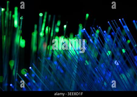 Macro shot of illuminated fiber optic cables with blue and green glowing lights and shallow depth of field. Concept of fast internet, digital communic Stock Photo