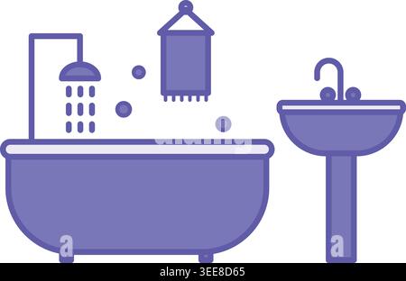 Colored Bathroom Icon. Vector Illustration. Water Filling Into Bath, Towel, Sink, And Tap. Room In the House For Bathing Or Taking a Shower. Hygiene C Stock Vector