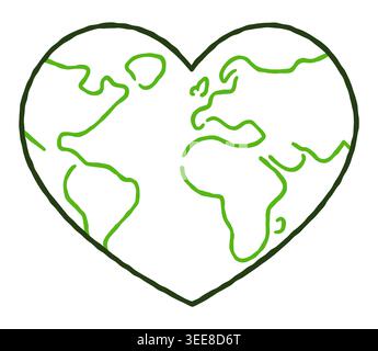 Simple heart shaped planet Earth doodle drawing. Hand drawn style green outlines. Nature and ecology vector clip art illustration. Stock Vector