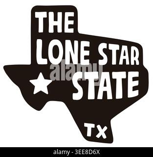 Texas, the Lone Star state. Hand drawn lettering inside Texas map silhouette. Vintage black and white vector illustration. Stock Vector