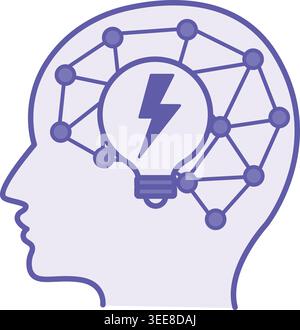 Purple Brainstorm Icon. Vector Icon. Human Head, Brain, and Light Bulb. Using Creative Thinking to Generate New Ideas. Concept Idea Stock Vector