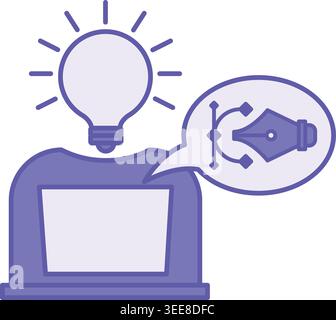 Purple Creator Icon. Vector Icon. Person Working with a Laptop, Glowing Light Bulb, and Pen for Vector Design. Designer Creates Vector Illustrations. Stock Vector