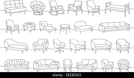 Furniture set. Bundle of stylish chairs, sofas and ottomans. Minimalist line art interior furniture. Vector illustrations for decoration or print Stock Vector