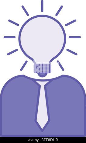 Purple Idea Icon. Vector Icon. Head in the Form of a Glowing Light Bulb and a Man with a Tie. Thought, Design, Concept, Presentation and Design Stock Vector