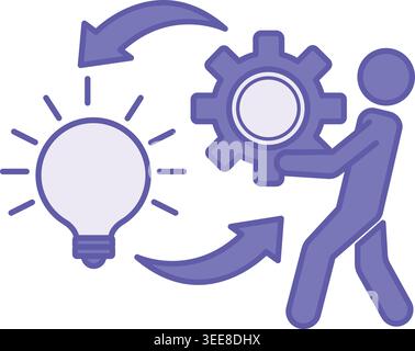 Purple Idea Execution Icon. Vector Icon. Person Holding a Gear and a Glowing Light Bulb. Transforming a Concept into a Result. Concept Idea Stock Vector