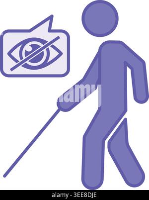 Colored Blind Icon. Vector Illustration. Blind Man Walking with Cane. Human Eye. Illness, Medicine. Disability Concept Stock Vector