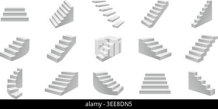 Set of 16 staircase icons in isometric 3D. Minimal vector collection of stairs in different shapes and directions. Stock Vector