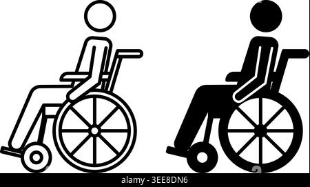 Disabled Icons. Black and White Vector Illustrations. Man Riding Wheelchair. Person Disabled Due to Illness. Medicine, Accessibility. Disability Conce Stock Vector