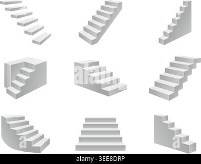 Set of 9 minimal staircase designs in isometric 3D. Grey stairs with abstract architectural feel. Stock Vector
