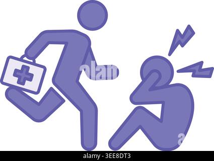 Purple First Aid Icon. Vector Icon. Doctor with a Medical Case Running to a Sick Person. Emergency Aid for a Victim. Emergency Situation Concept Stock Vector