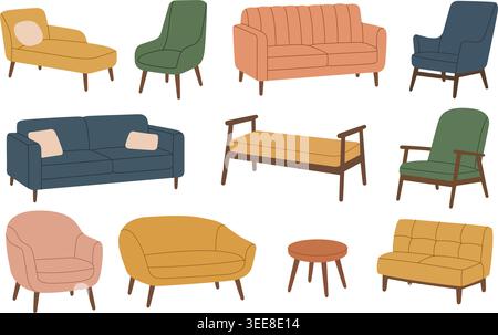 Colorful modern furniture. Home furniture set for cozy interior and design concepts. Stock Vector