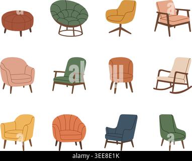 Collection of 12 modern chairs and stools. Soft colors, cozy designs and stylish forms for interior design illustrations. Stock Vector
