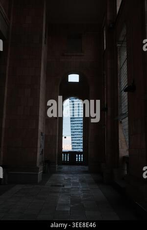 Concrete Frame Views Distant City Skyline Stock Photo