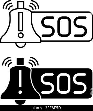 SOS Icons. Line and Glyph Vector Icons. Ringing Bell and Exclamation Mark. International Distress Signal. Emergency Concept Stock Vector