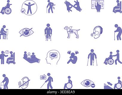 Colored Disability Icon Set. Vector Illustrations Wheelchair, Crutches, Blindness, Deafness, Sign Language, Inclusion, Speech Impairment, Mental Illne Stock Vector