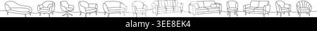 Elegant collection of furniture in clean outline. Minimalist seating furniture for interiors Stock Vector