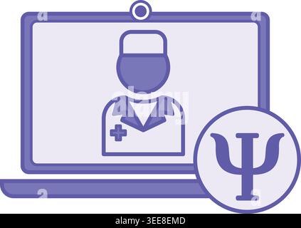 Colored Online Psychologist Icon. Vector Illustration. Psychologist Consulting Patient Online. Doctor, Laptop, Mental Health. Psychology Concept Stock Vector