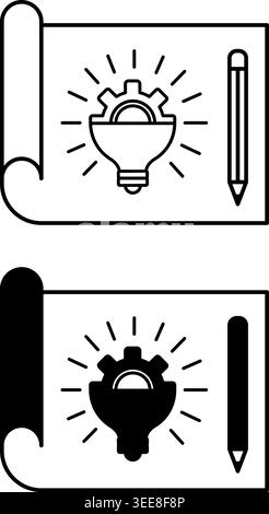 Concept Icons. Line and Glyph Vector Icons. Sheet of Paper, Glowing Light Bulb, Gear and Pencil. Main Idea, Design and Action Strategy Stock Vector
