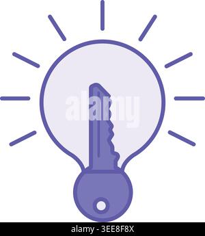 Purple Key Idea Icon. Vector Icon. Glowing Light Bulb and Key. The Main Thought, Essence or Concept on which the Project is Built. Concept Idea Stock Vector