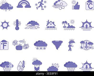 Purple Weather Icon Set. Vector Icons Temperature, Sun, Rain, Wind, Snow, Rainbow, Flood, Storm, Fog, Sunset, Sunrise, Tornado, Climate, and More Stock Vector