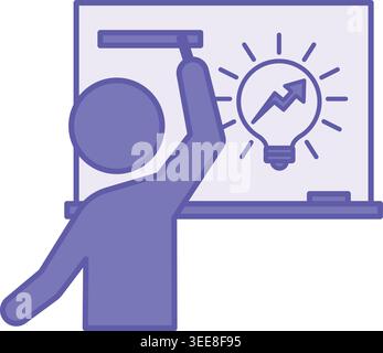 Purple Idea Presentation Icon. Vector Icon. Man Writes with Chalk on a Blackboard. Glowing Light Bulb and Diagram with Up Arrow. Business Project. Con Stock Vector
