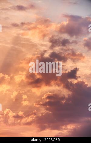 Dramatic sunset sky filled with golden and purple clouds, soft sun rays and a warm evening mood. Stock Photo
