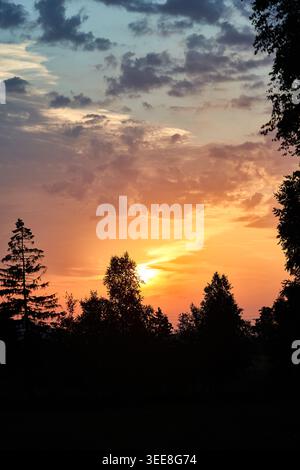 Warm golden-hour sunset behind silhouetted trees, dramatic clouds and peaceful evening landscape mood. Stock Photo