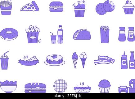Colored Fast Food Icons Set. Vector Icons Burger, Pizza, Hot Dog, French Fries, Sandwich, Cupcake, Soda, Sausage, Fried Chicken, Pop Corn, Burrito, Na Stock Vector