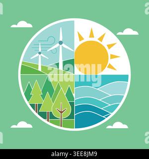 Abstract vector illustration featuring eco system balance with sun, water, trees, and wind turbines in flat geometric style. Fresh green tones symboli Stock Vector