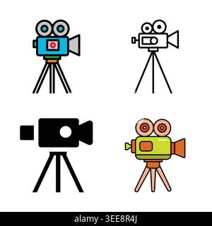 Movie video camera icons set in flat outline and solid styles Stock Vector