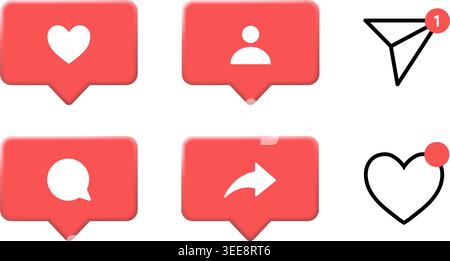 Social media like, comment, follower request, and share notification pop up icon set. Vector illustration Stock Vector