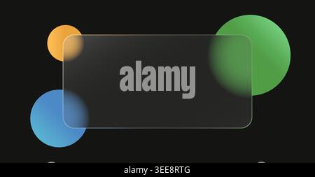 Glassmorphism mockup template design with round colorful shapes on a dark black background. Vector illustration Stock Vector