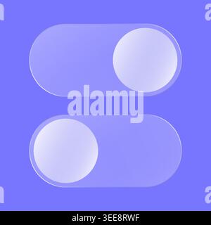 Toggle on and off control bar switches, liquid glass user interface template on blue background. Vector illustration Stock Vector