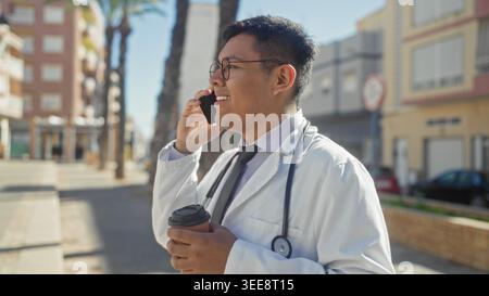 Man doctor in white coat with stethoscope and glasses holds smartphone to ear and a takeaway coffee cup, talking on phone in an urban street setting n Stock Photo