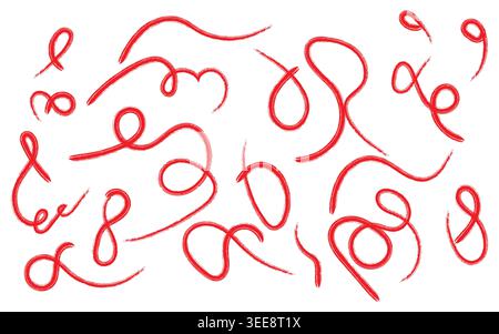 Abstract red paint brush strokes and hand drawn curly swirl set Stock Vector