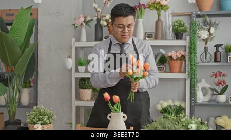 Man florist arranging orange tulips with hands into a ceramic vase in a studio setting, wearing apron and glasses; calm concentration. Stock Photo