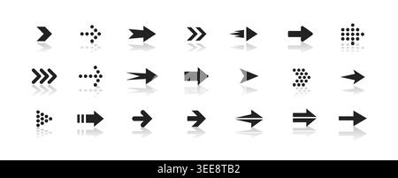 Black arrow icon set, right direction pointers, dotted navigation symbols with shadow reflection, web app buttons, interface design. Minimal graphic Stock Vector