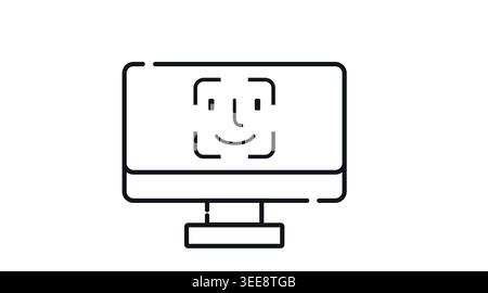 Biometric face recognition icon: desktop computer with facial identification on screen, minimalist black line art vector illustration for secure login Stock Vector