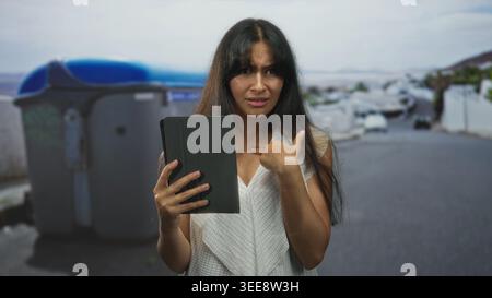 Young latina woman holding tablet and pointing thumb at herself on street beside recycling container, looking unsettled; hesitation confusion. Stock Photo