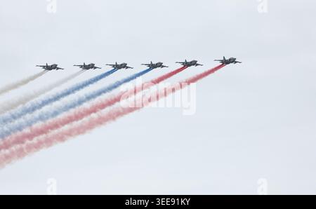Moscow, Russia. 09th May, 2026. Russian Sukhoi SU-25 fighter jets release smoke in the colors of the Russian tricolor flag over Red Square during the annual Victory Day parade marking the 81st anniversary of the victory over Nazi Germany in World War Two, May 9, 2026 in Moscow, Russia. Credit: Kremlin Pool/Russian Government/Ģ����ý Live News Stock Photo