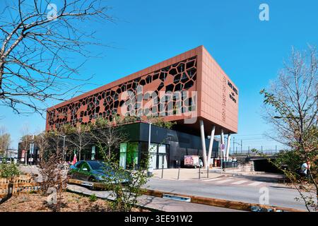 Lyon, France - March 19, 2026: The modern MOB HOTEL Lyon Confluence featuring a distinctive perforated facade and cantilevered architectural design Stock Photo