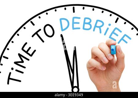 Hand writing Time to Debrief on drawn clock. Concept about debrief meeting to review completed projects or events to assess outcomes and share insight Stock Photo