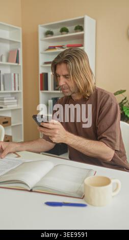 Young blond man student holds smartphone over open book with hand on page at desk in building study room; concentration study. Stock Photo