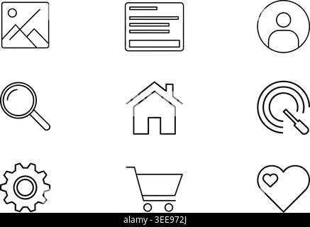 Collection of nine simple line art icons including image, document, user, search, home, settings, shopping cart, and heart, suitable for web and app d Stock Vector