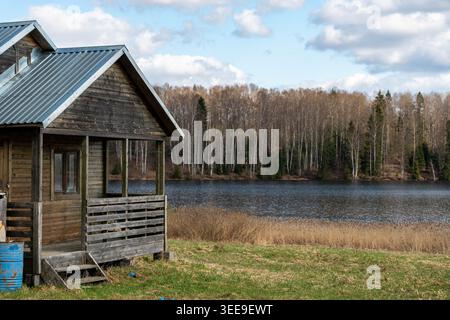 Rustic Wooden Cabin By Lake, Surrounded By Birch And Pine Forest Under Overcast Sky, Still Water Reflecting Treeline, Tall Dry Grass On Shoreline, Stock Photo