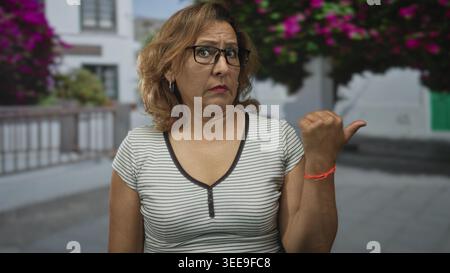 Middle aged hispanic woman pointing thumb to side in urban street near a building facade and flowering bushes; concern warning. Stock Photo