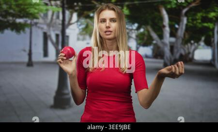 Blonde woman holding pomegranate near chest, eyes closed with pursed lips and right hand raised in street; serenity reflection. Stock Photo
