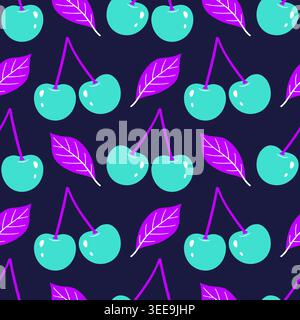 Dreamy seamless pattern with neon turquoise cherries and purple leaves on dark background. Electric lavender cherry. Futuristic aesthetic, perfect for tech accessories, stationery, modern textiles. Stock Vector
