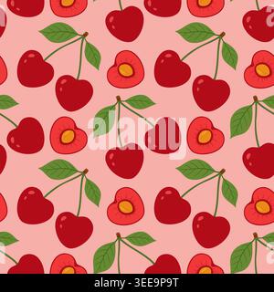 Seamless pattern with whole and halved cherries on pink background. Cherry fruit with pits repeat texture, summer vector. Cute cartoon style, perfect Stock Vector