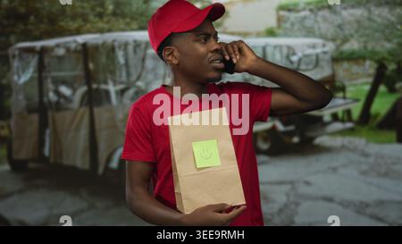 Courier man holds phone to ear while gripping brown paperbag with smiley note in sunlit green park; duty. Stock Photo